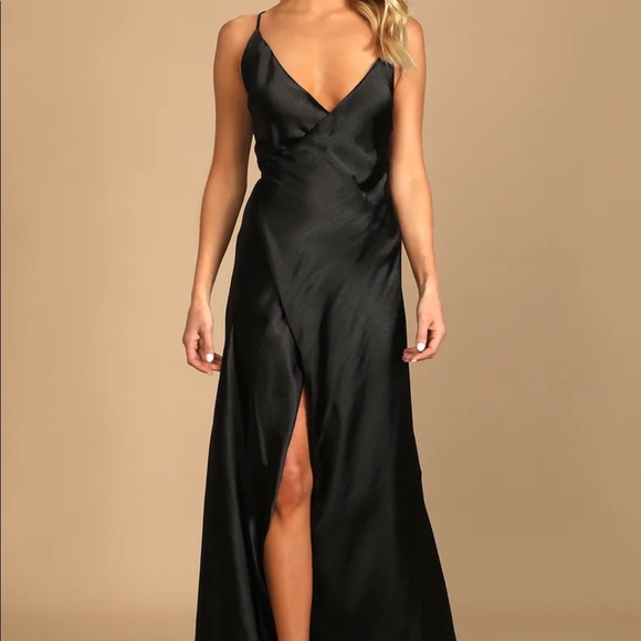 Lulus Dresses & Skirts - Fondly Loved Black Satin Wrap Maxi Dress • Black Tie Dress